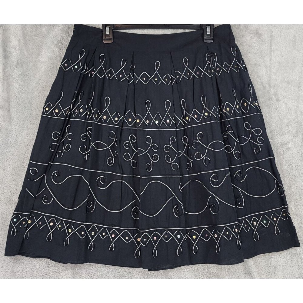 Allison Taylor Skirt Womens 14 Black Silver Sequined Gypsy Boho Side Zip Midi